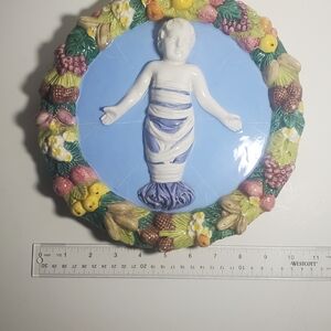 Majolica Della Robbia pottery wall plaque baby Jesus Bas Relief Italy religious